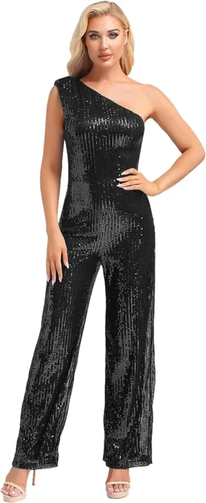 Choomomo Womens Sequin Sleeveless Jumpsuits One Shoulder Elegant Sparkly Wide Leg Long Pants Jumpsuits