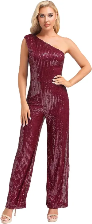 Choomomo Womens Sequin Sleeveless Jumpsuits One Shoulder Elegant Sparkly Wide Leg Long Pants Jumpsuits