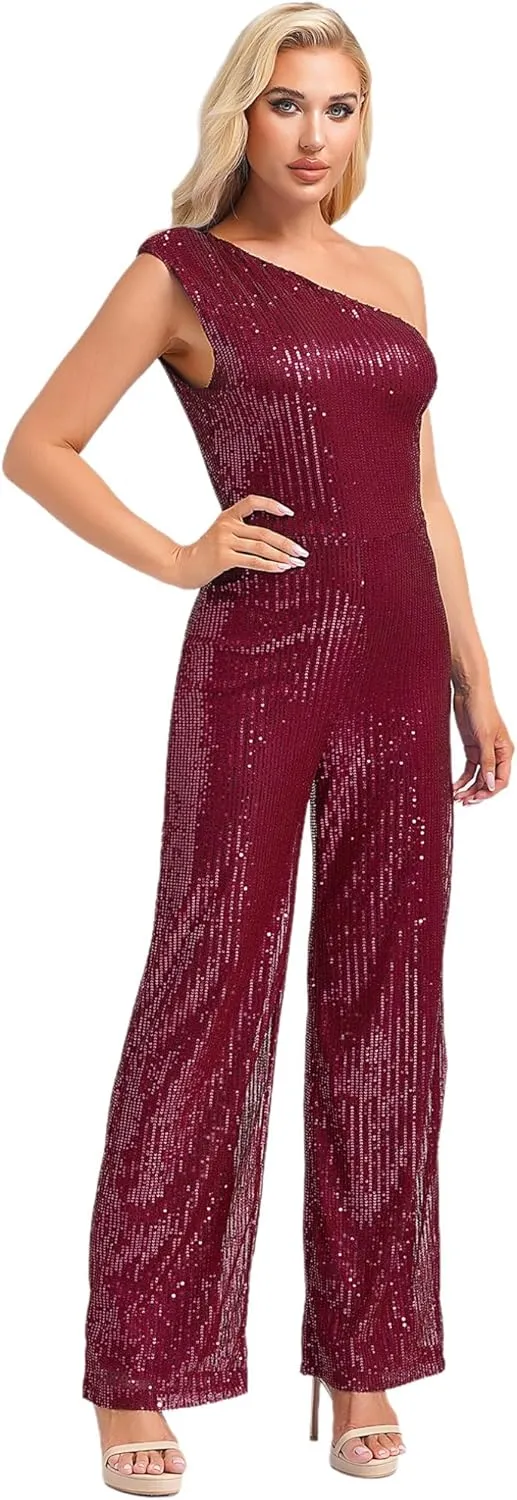 Choomomo Womens Sequin Sleeveless Jumpsuits One Shoulder Elegant Sparkly Wide Leg Long Pants Jumpsuits