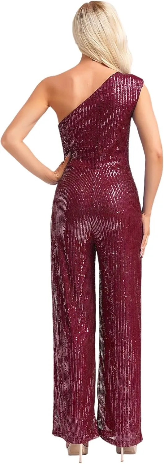 Choomomo Womens Sequin Sleeveless Jumpsuits One Shoulder Elegant Sparkly Wide Leg Long Pants Jumpsuits