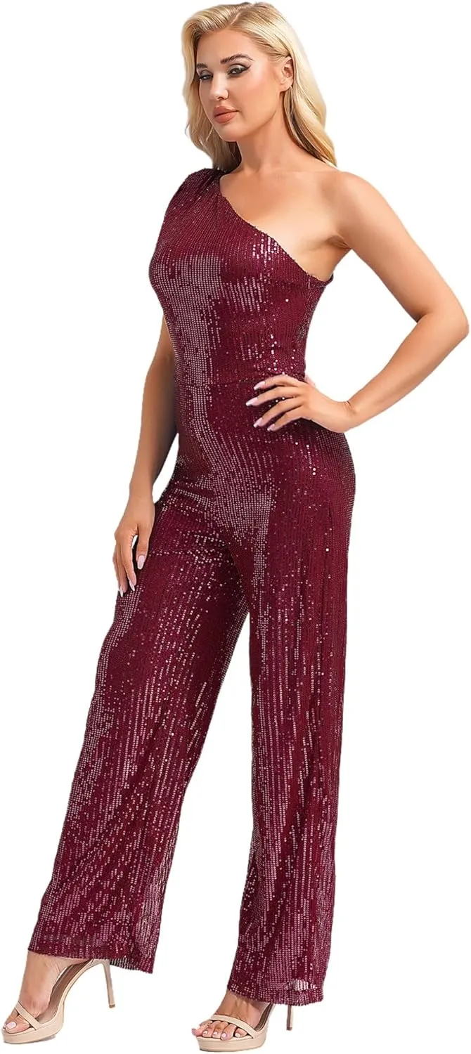 Choomomo Womens Sequin Sleeveless Jumpsuits One Shoulder Elegant Sparkly Wide Leg Long Pants Jumpsuits