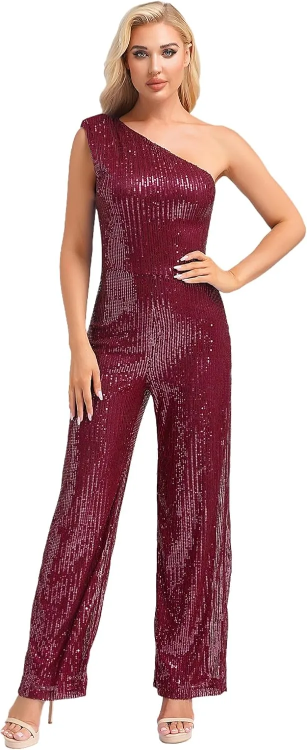 Choomomo Womens Sequin Sleeveless Jumpsuits One Shoulder Elegant Sparkly Wide Leg Long Pants Jumpsuits