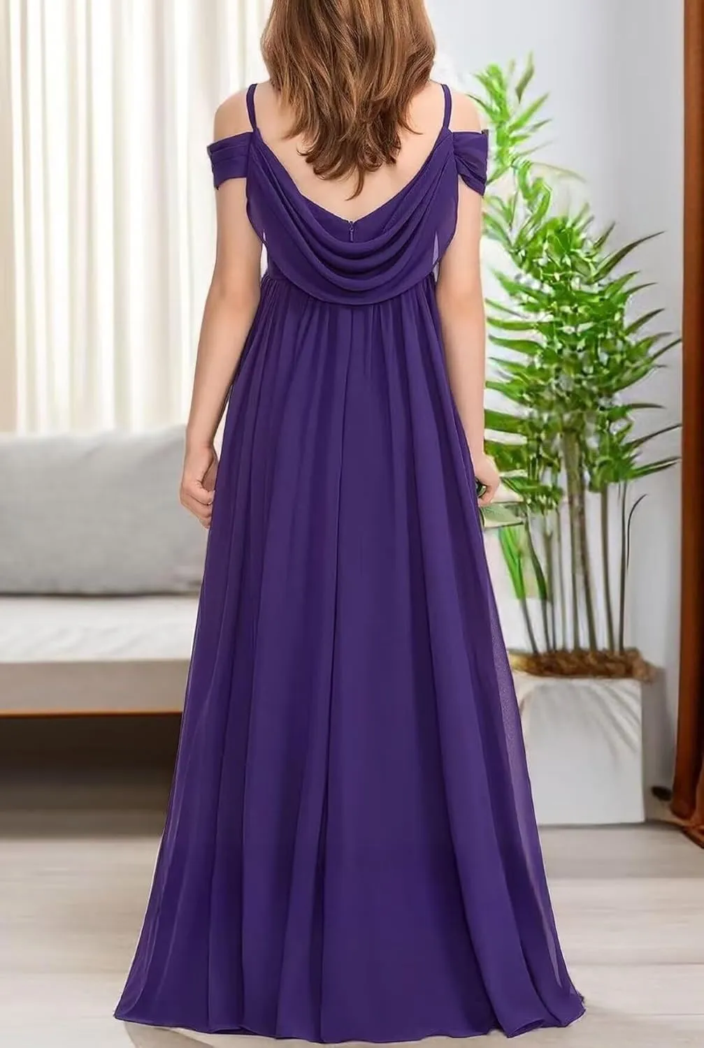 Cold Shoulder Juniors Bridesmaid Dresses for Wedding Flowers Girls Dress Spaghetti Straps Chiffon Formal Party Gowns