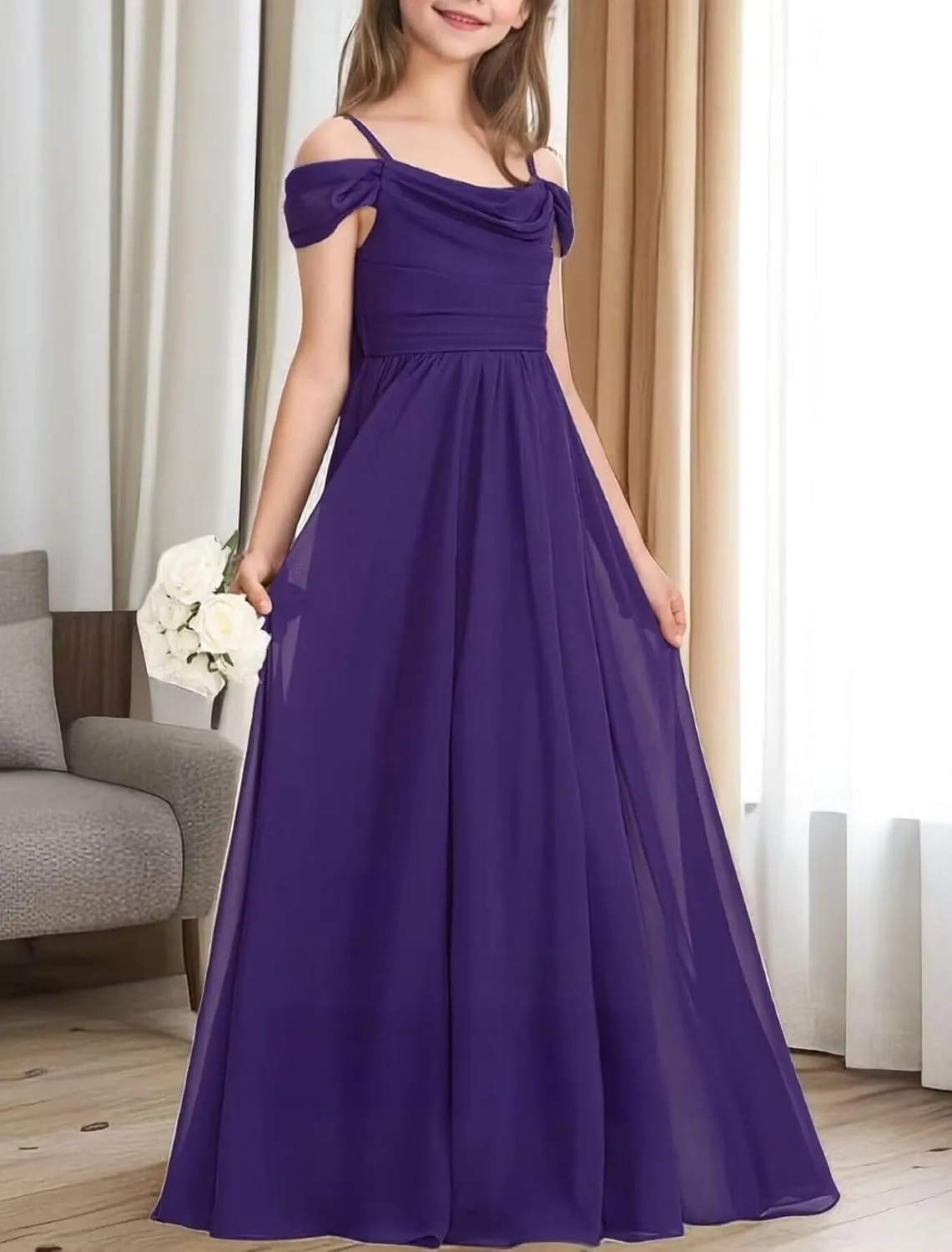 Cold Shoulder Juniors Bridesmaid Dresses for Wedding Flowers Girls Dress Spaghetti Straps Chiffon Formal Party Gowns
