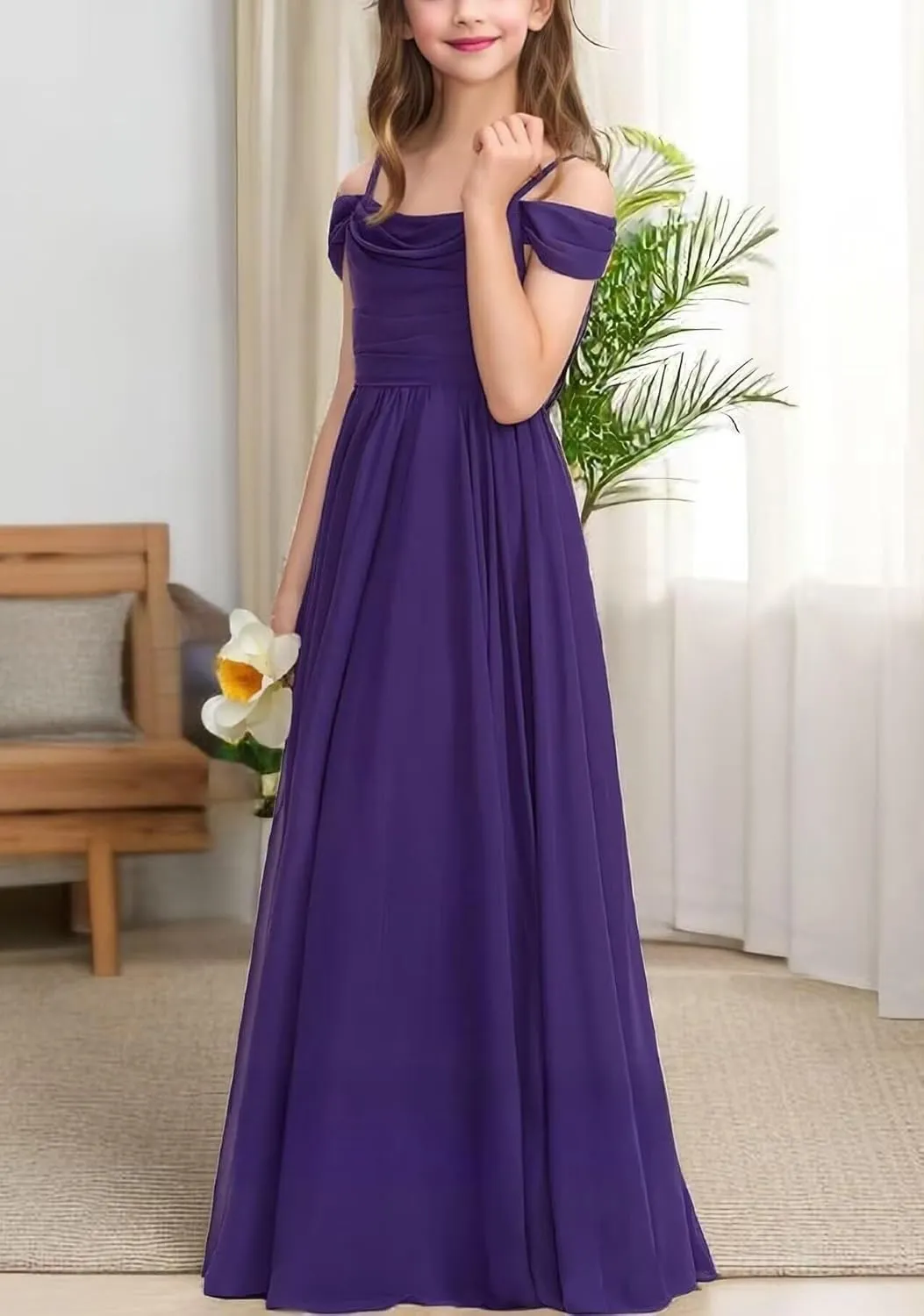 Cold Shoulder Juniors Bridesmaid Dresses for Wedding Flowers Girls Dress Spaghetti Straps Chiffon Formal Party Gowns