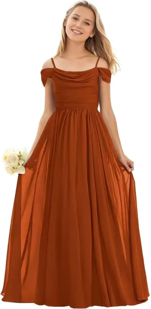 Cold Shoulder Juniors Bridesmaid Dresses for Wedding Flowers Girls Dress Spaghetti Straps Chiffon Formal Party Gowns