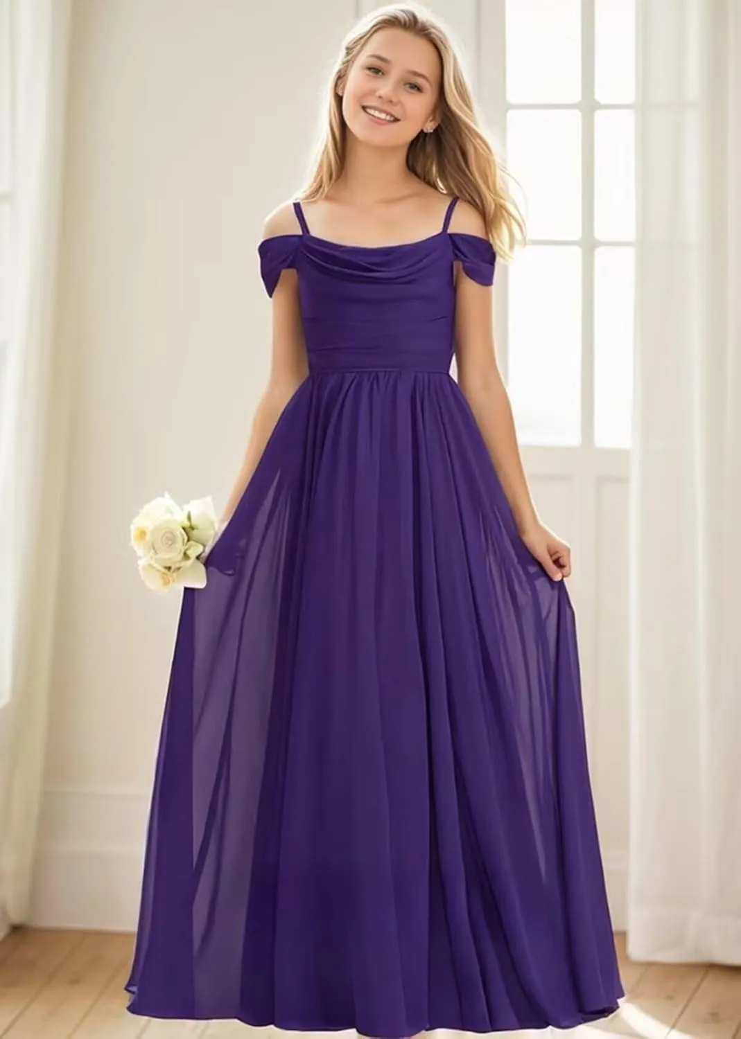 Cold Shoulder Juniors Bridesmaid Dresses for Wedding Flowers Girls Dress Spaghetti Straps Chiffon Formal Party Gowns
