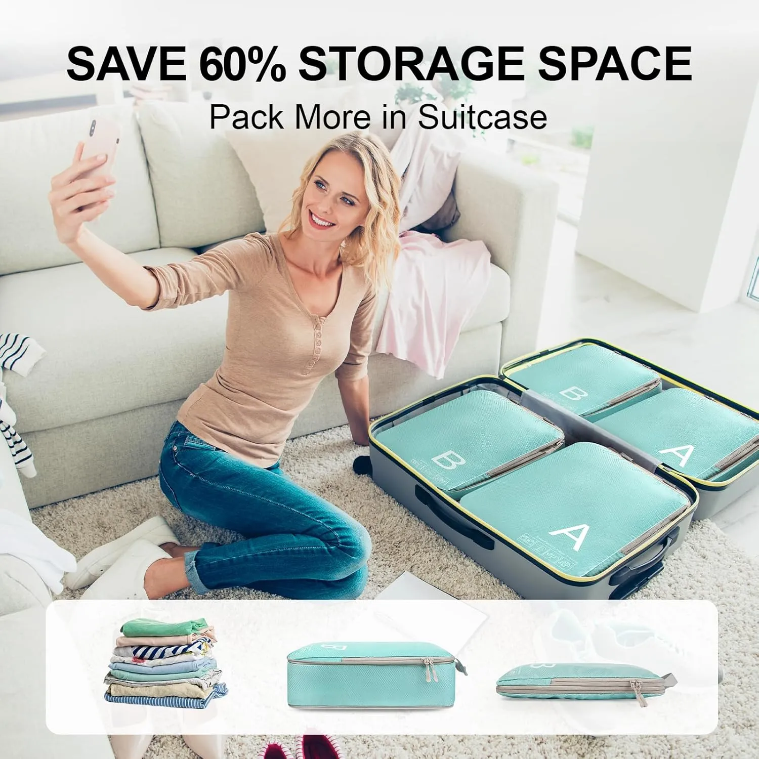 Compression Packing Cubes for Travell - Premium 377D Fabric Packing Cubes with Smooth Zippers, Space-Saving Compression Bags for Travell, Luggage Organizers for Clothes, Shoes, and Accessories