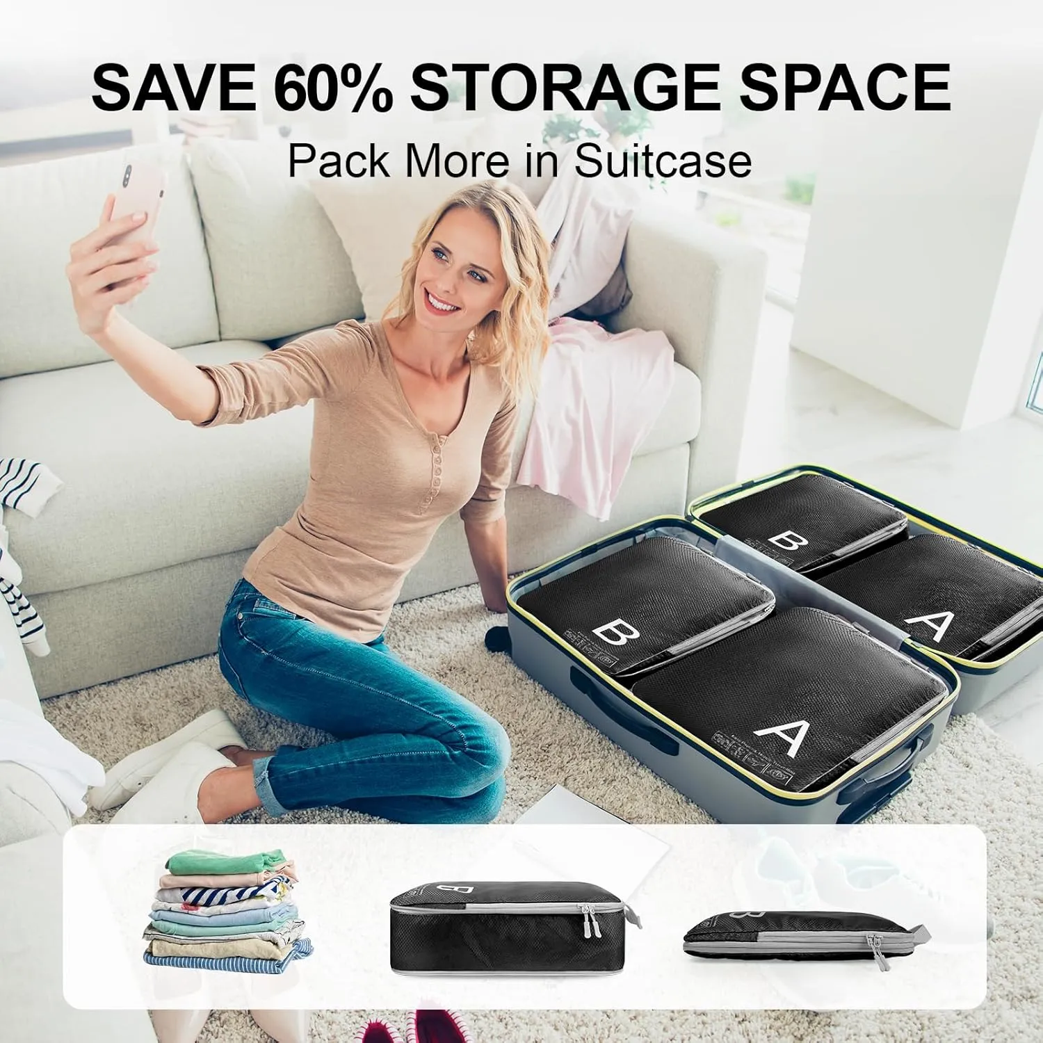 Compression Packing Cubes for Travell - Premium 382D Fabric Packing Cubes with Smooth Zippers, Space-Saving Compression Bags for Travell, Luggage Organizers for Clothes, Shoes, and Accessories
