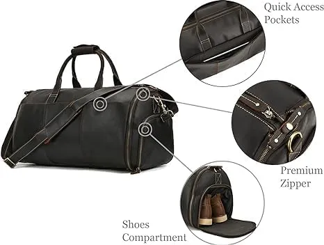 Convertible Garment Bag Genuine Leather with Shoes Compartment Full Grain Leather Carry on Duffle Bag for Men Women Hanging Weekender Business Suitcase for Travel Suit DarkBrown