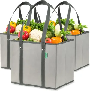 Creative Green Life Reusable Grocery Bags (3 Pack)  Heavy Duty Reusable Shopping Bags with Box Shape to Stand Up, Stay Open, Fold Flat  Large Tote Bags with Long Handles & Reinforced Bottom (Gray)