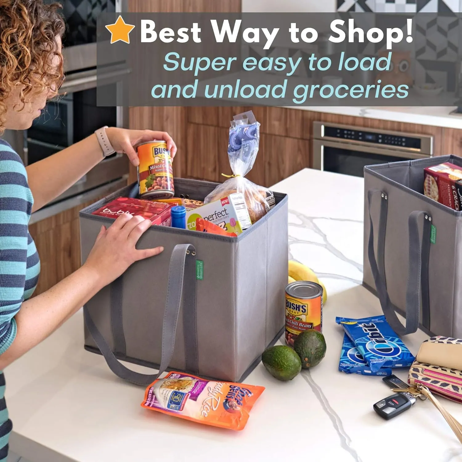 Creative Green Life Reusable Grocery Bags (3 Pack)  Heavy Duty Reusable Shopping Bags with Box Shape to Stand Up, Stay Open, Fold Flat  Large Tote Bags with Long Handles & Reinforced Bottom (Gray)