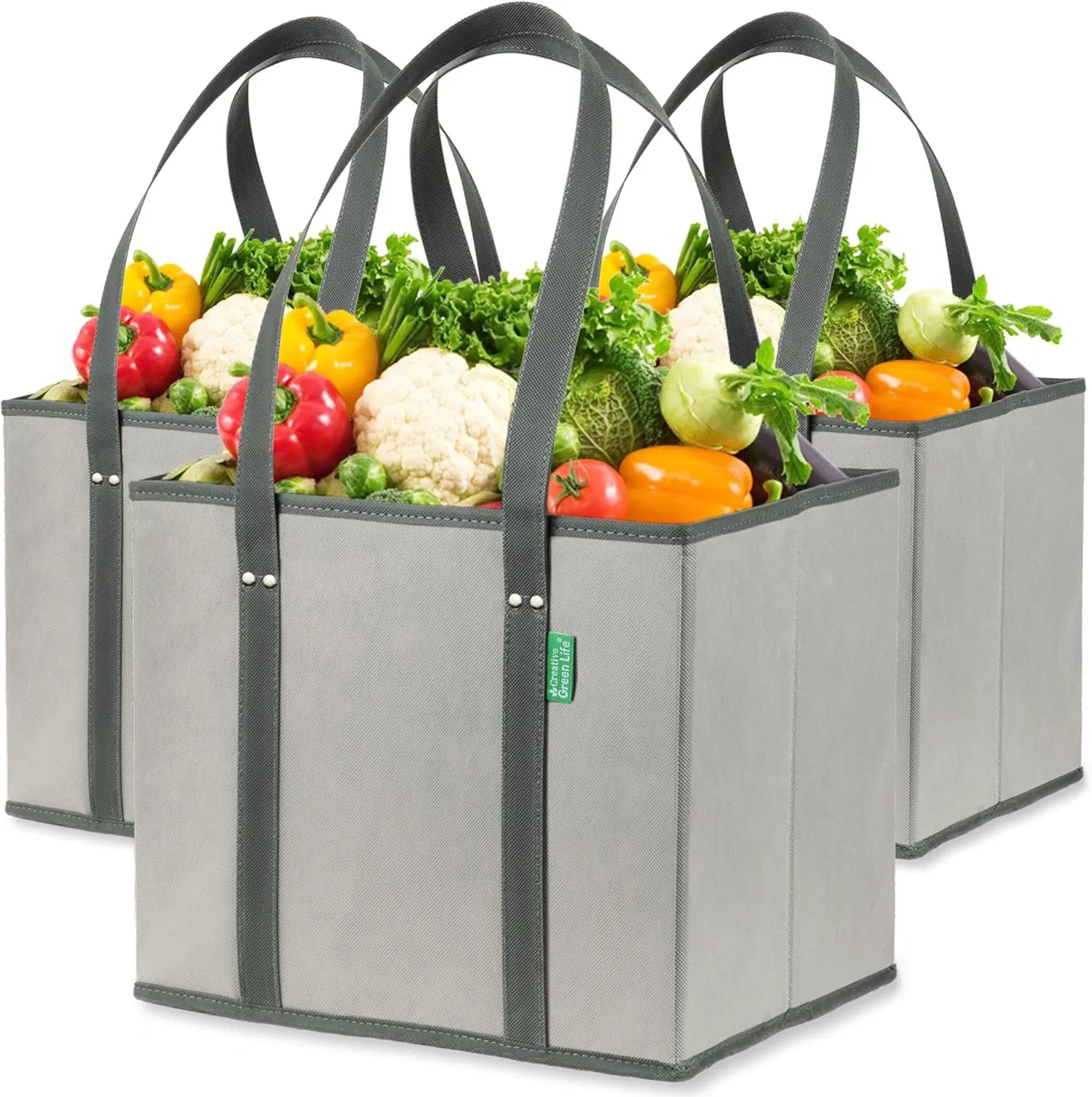 Creative Green Life Reusable Grocery Bags (3 Pack)  Heavy Duty Reusable Shopping Bags with Box Shape to Stand Up, Stay Open, Fold Flat  Large Tote Bags with Long Handles & Reinforced Bottom (Gray)