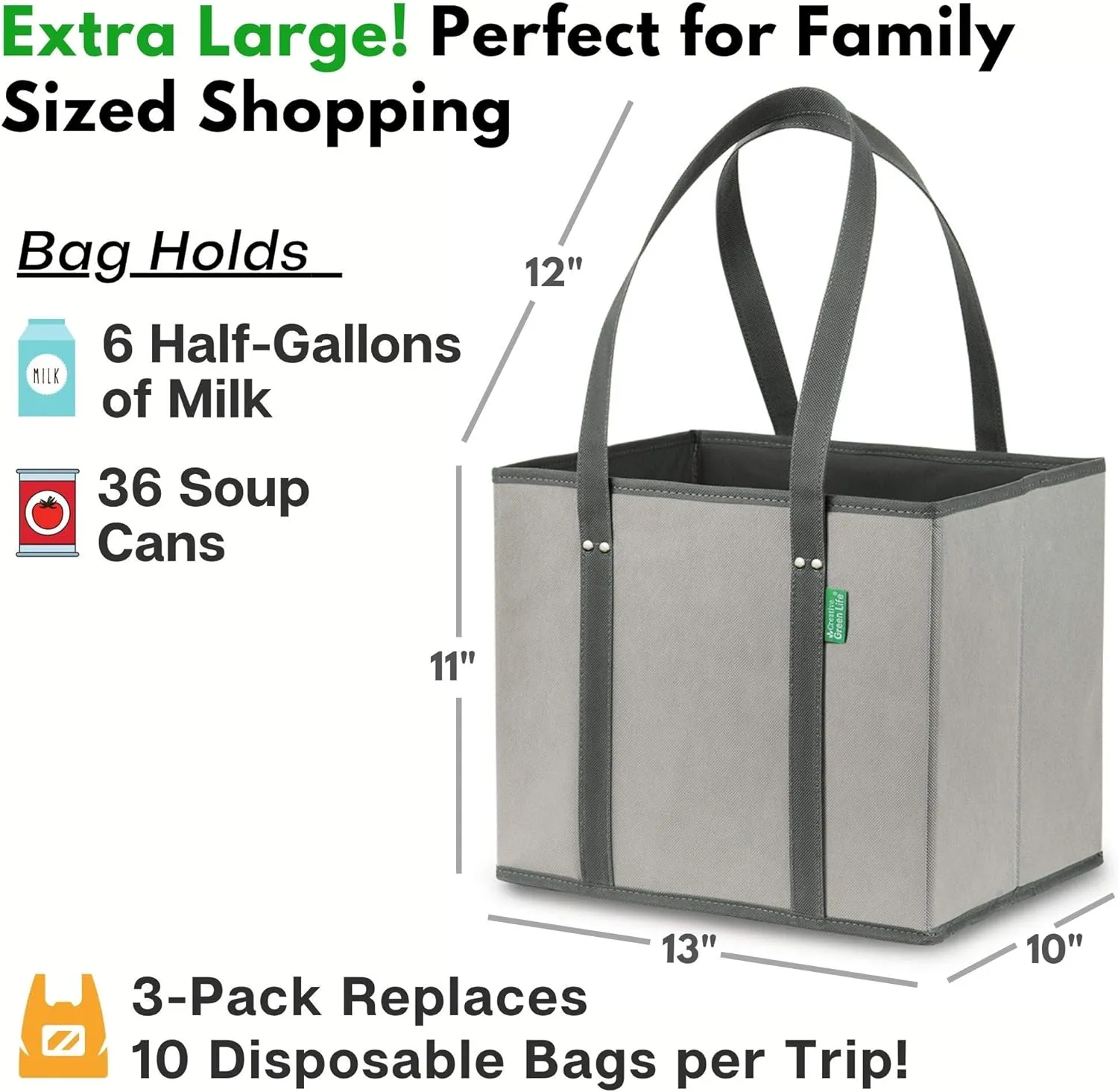 Creative Green Life Reusable Grocery Bags (3 Pack)  Heavy Duty Reusable Shopping Bags with Box Shape to Stand Up, Stay Open, Fold Flat  Large Tote Bags with Long Handles & Reinforced Bottom (Gray)