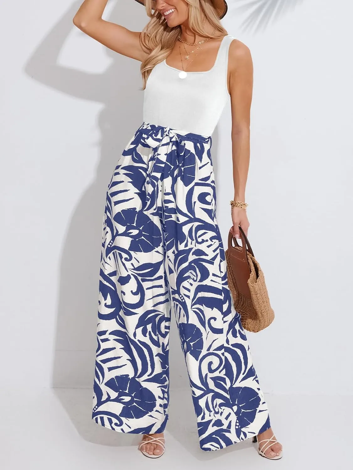 CUPSHE Women's Romper Square Neck Sleeveless Belted Pocket Wide leg Maxi Outfit Casual Dressy
