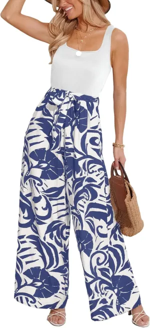 CUPSHE Women's Romper Square Neck Sleeveless Belted Pocket Wide leg Maxi Outfit Casual Dressy