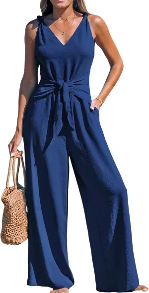 CUPSHE Women's Summer Jumpsuits Sleeveless Tie Knot Wide Leg Long Pants Romper with Pockets