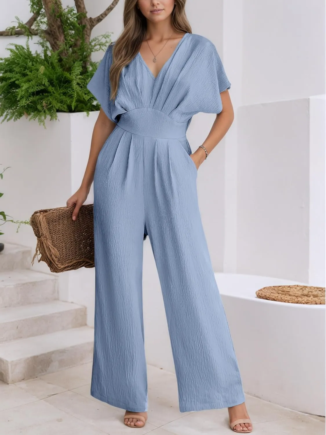 CUPSHE Womens Wide Leg Jumpsuits V-Neck Batwing Short Sleeve Summer Long Rompe Casual Outfit Pocket