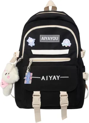 Cute Backpack Kawaii Backpack for School Aesthetic Backpack Kawaii School Supplies Cute Backpacks with Accessories (Black)