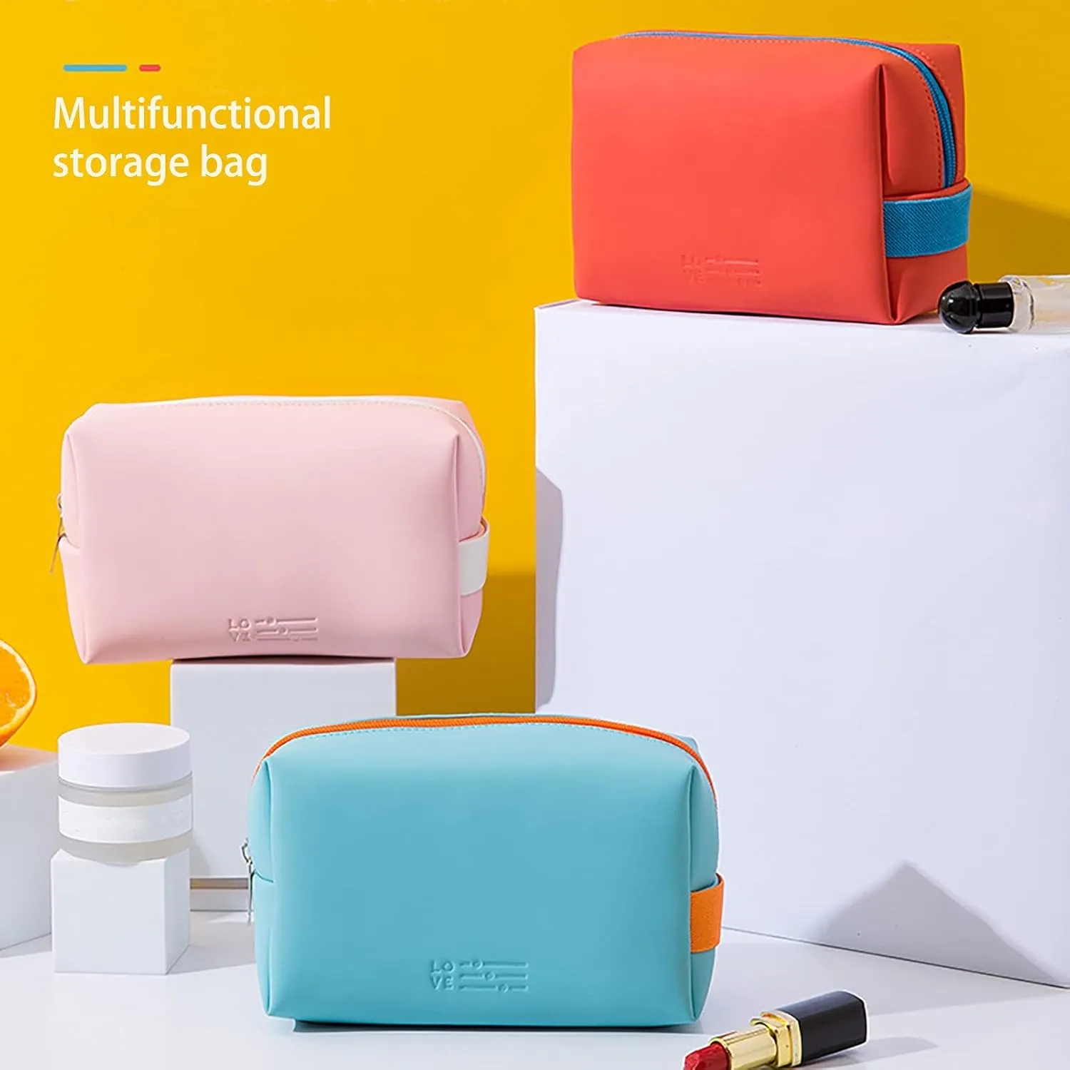 Cute Makeup Bag with Zipper 6.6*4.6 Inch Pu Leather Waterproof Portable Pouch Open Flat Travel Bags for Women Toiletry Small Cosmetic Bag for Purse for Women Wife Girlfriend Valentines Day Gifts