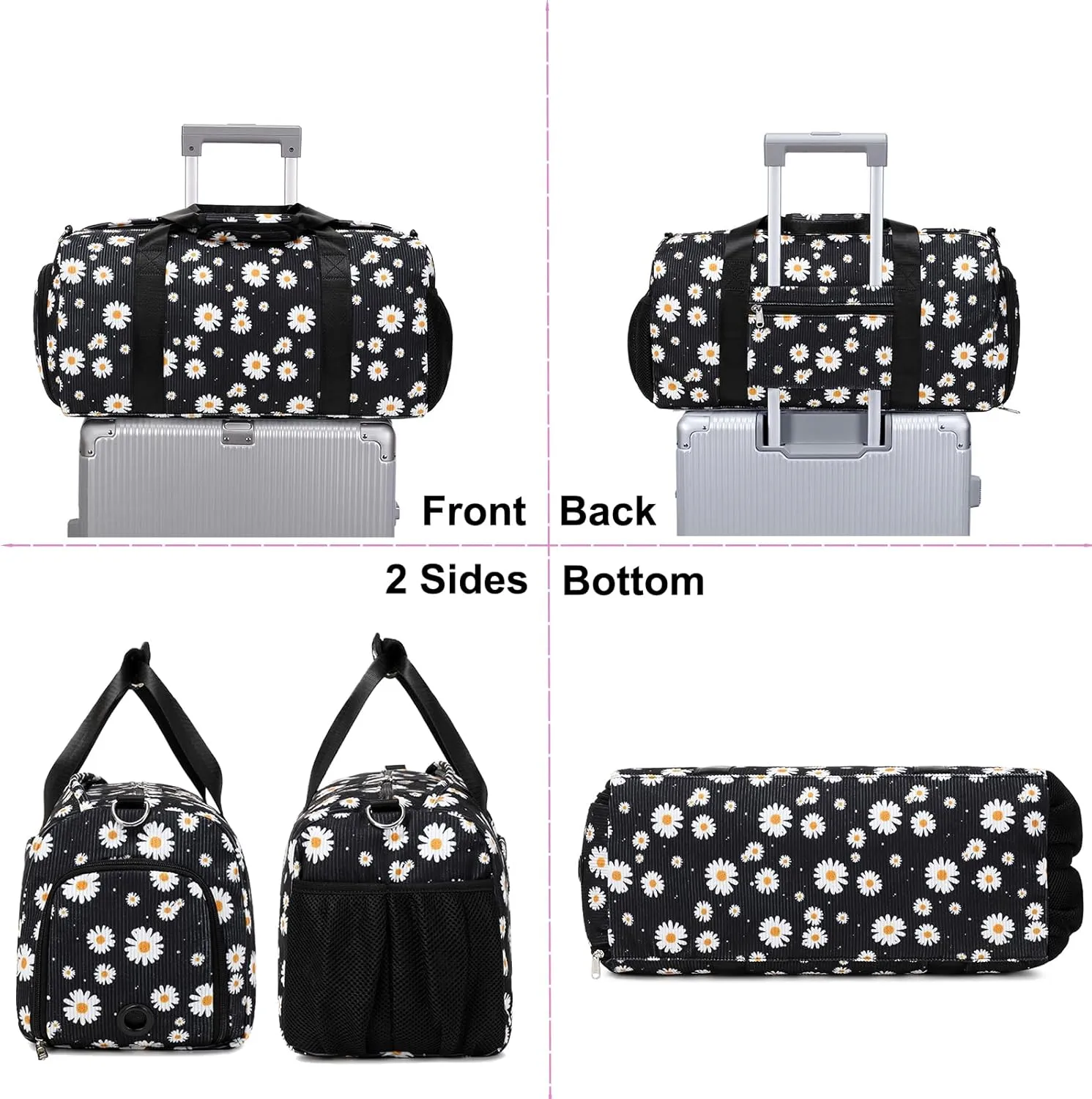 Dance Bag for Girls Corduroy Kids Duffel Bag Ballet Bag for Girls Teen Women Sports Gym Bag Water Resistant Travel Duffle Bags with Shoes Compartmentblack daisy