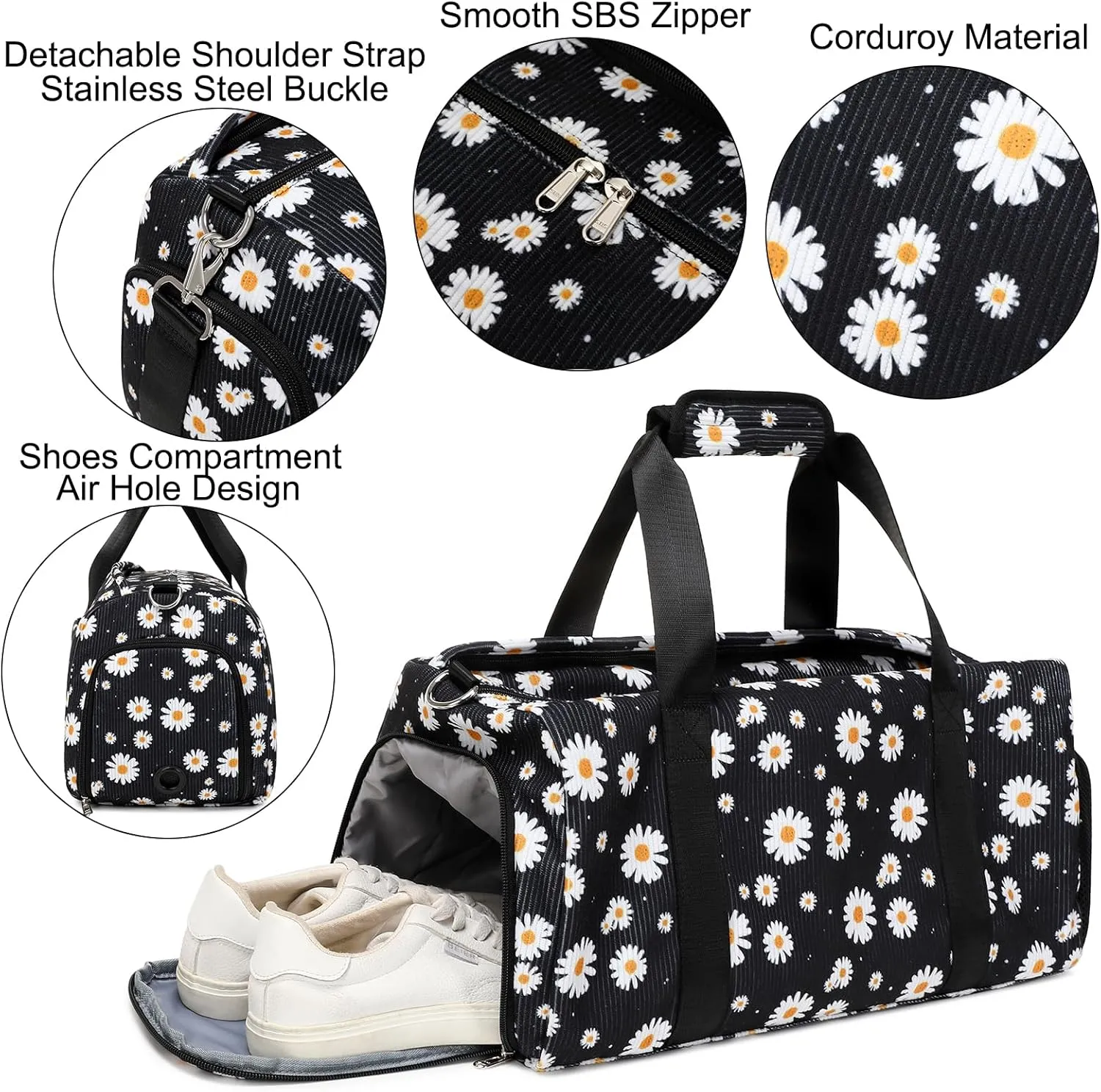 Dance Bag for Girls Corduroy Kids Duffel Bag Ballet Bag for Girls Teen Women Sports Gym Bag Water Resistant Travel Duffle Bags with Shoes Compartmentblack daisy