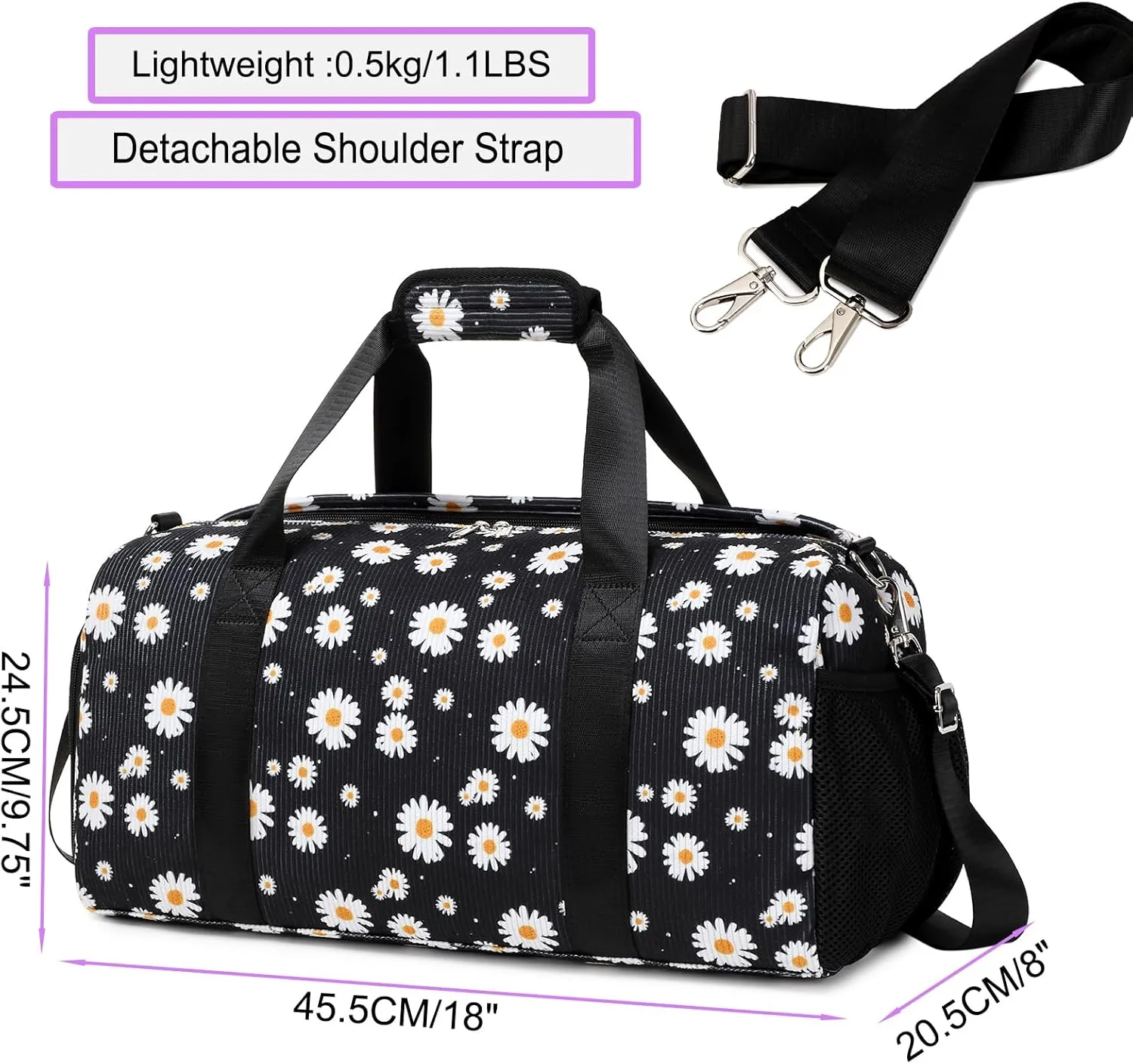 Dance Bag for Girls Corduroy Kids Duffel Bag Ballet Bag for Girls Teen Women Sports Gym Bag Water Resistant Travel Duffle Bags with Shoes Compartmentblack daisy