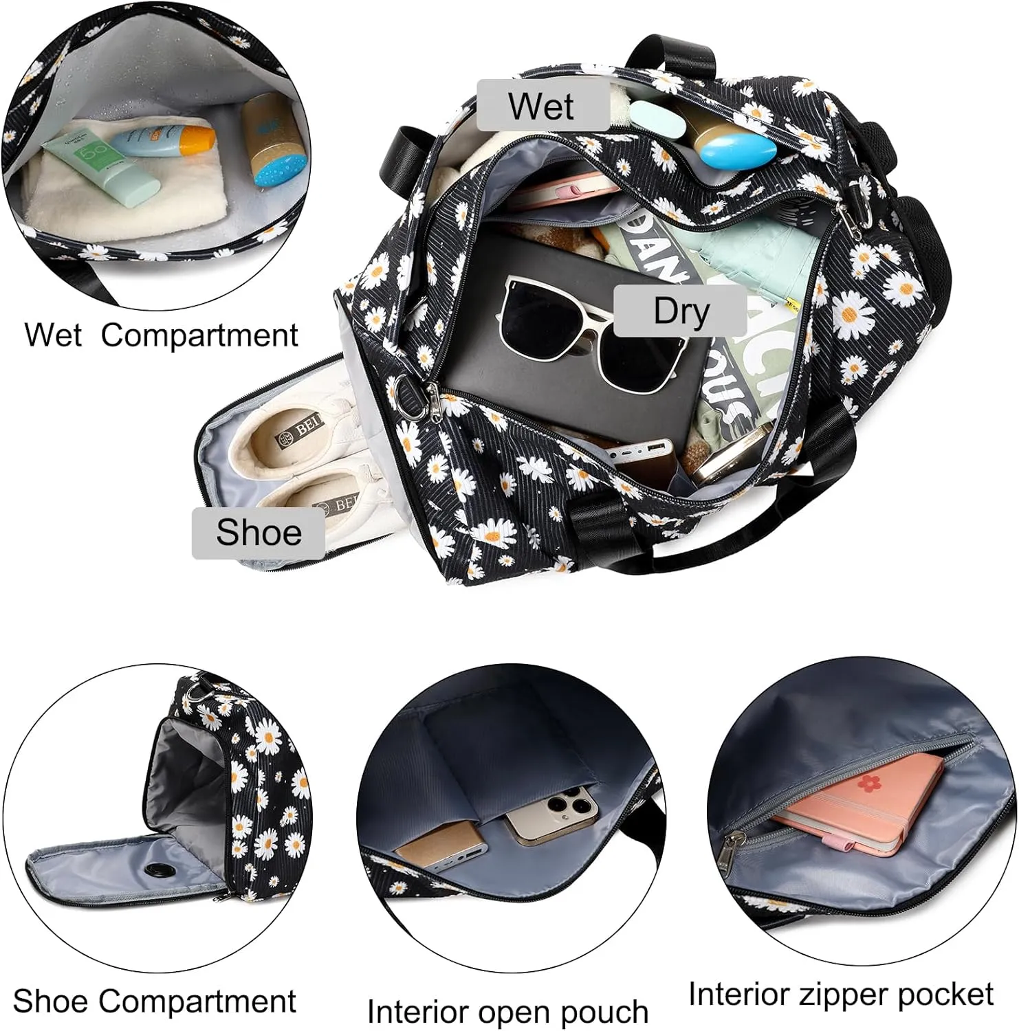Dance Bag for Girls Corduroy Kids Duffel Bag Ballet Bag for Girls Teen Women Sports Gym Bag Water Resistant Travel Duffle Bags with Shoes Compartmentblack daisy