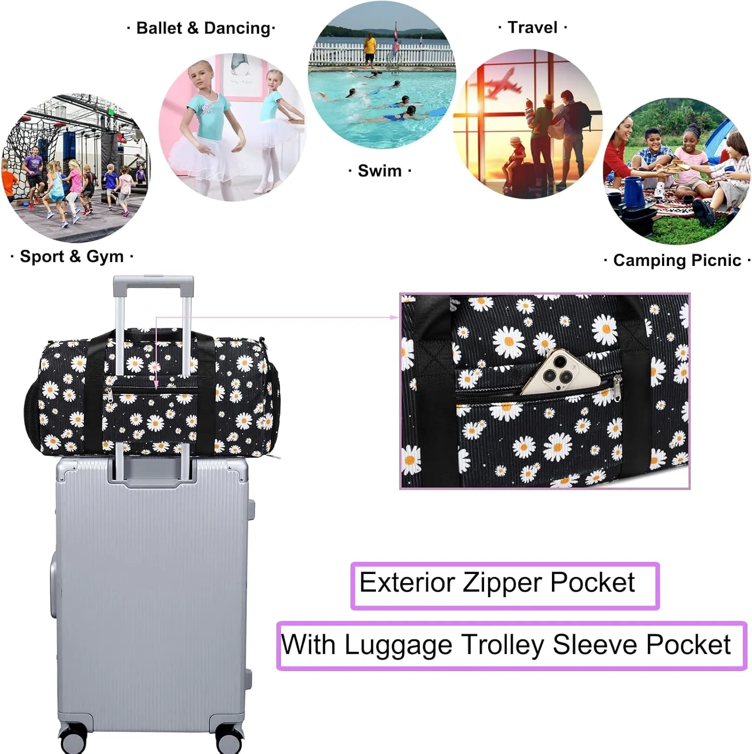 Dance Bag for Girls Corduroy Kids Duffel Bag Ballet Bag for Girls Teen Women Sports Gym Bag Water Resistant Travel Duffle Bags with Shoes Compartmentblack daisy