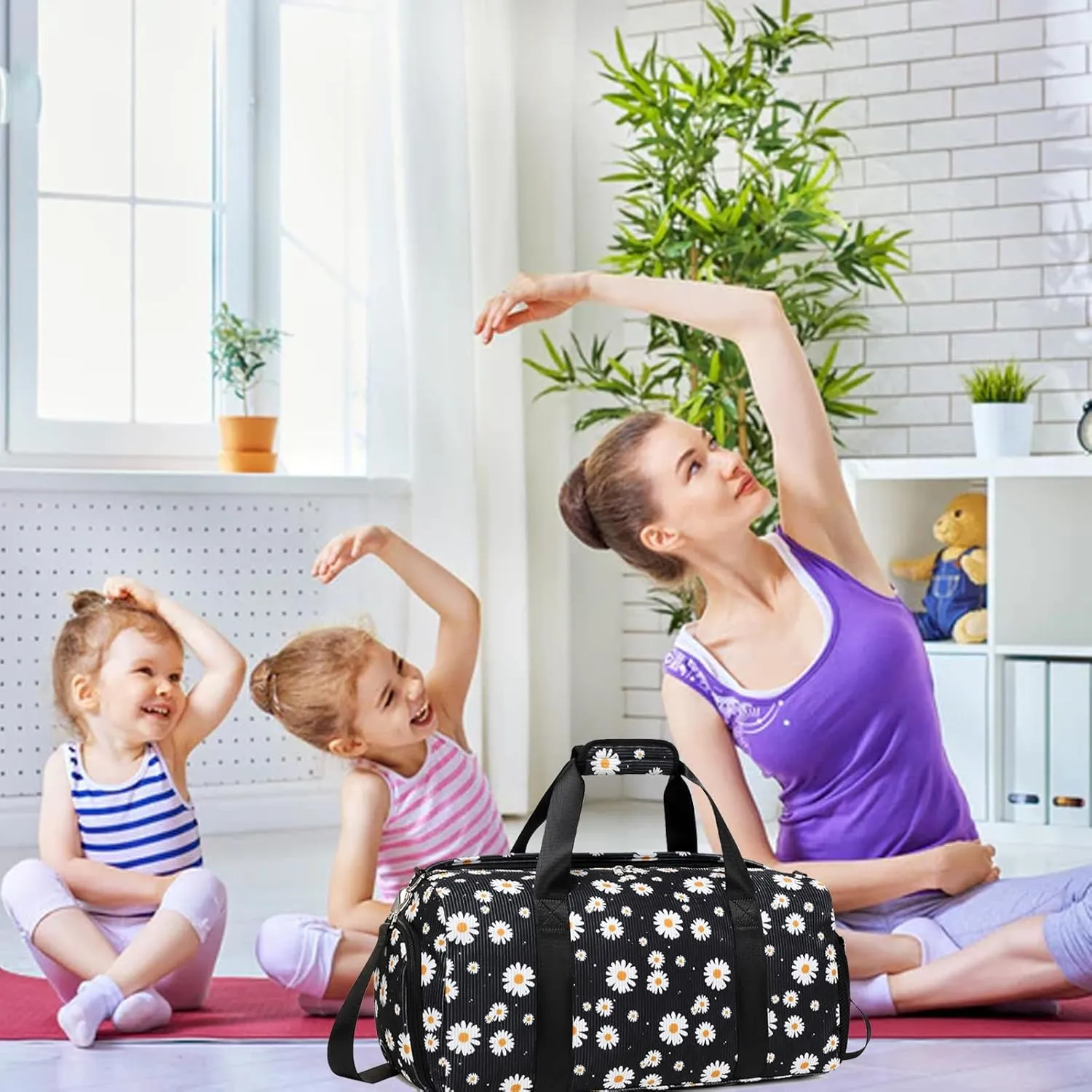Dance Bag for Girls Corduroy Kids Duffel Bag Ballet Bag for Girls Teen Women Sports Gym Bag Water Resistant Travel Duffle Bags with Shoes Compartmentblack daisy