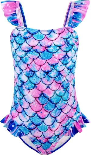 DAXIANG Girls One Piece Ruffle Strap Swimsuit Quick Dry Mermaid Swimwear Beach Sport Bathing Suit for Toddler Kids 4-11 Years