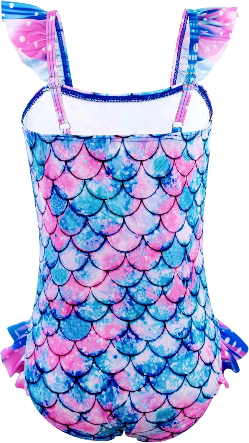 DAXIANG Girls One Piece Ruffle Strap Swimsuit Quick Dry Mermaid Swimwear Beach Sport Bathing Suit for Toddler Kids 4-11 Years