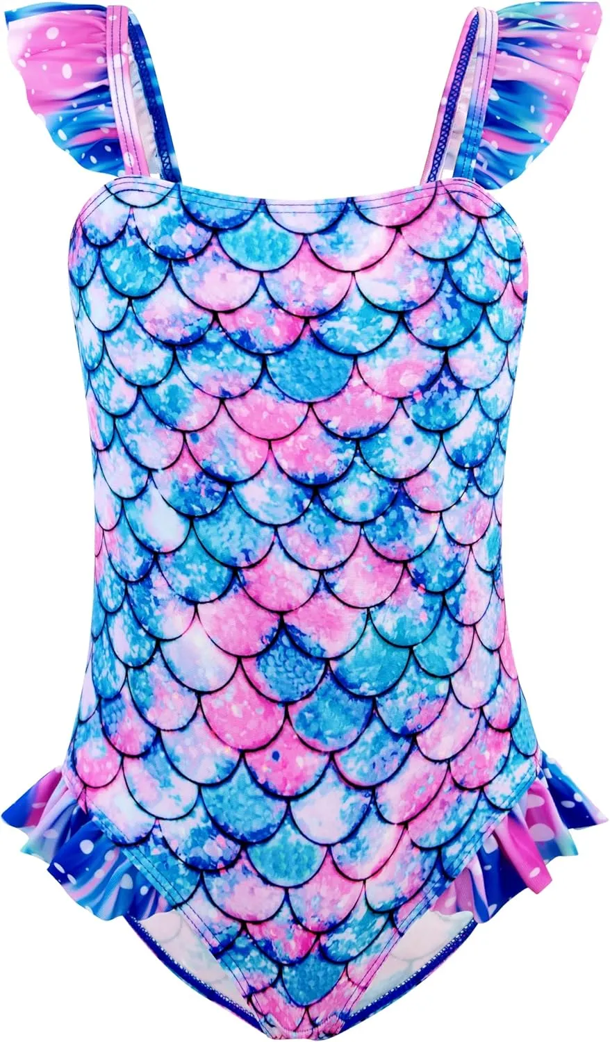 DAXIANG Girls One Piece Ruffle Strap Swimsuit Quick Dry Mermaid Swimwear Beach Sport Bathing Suit for Toddler Kids 4-11 Years