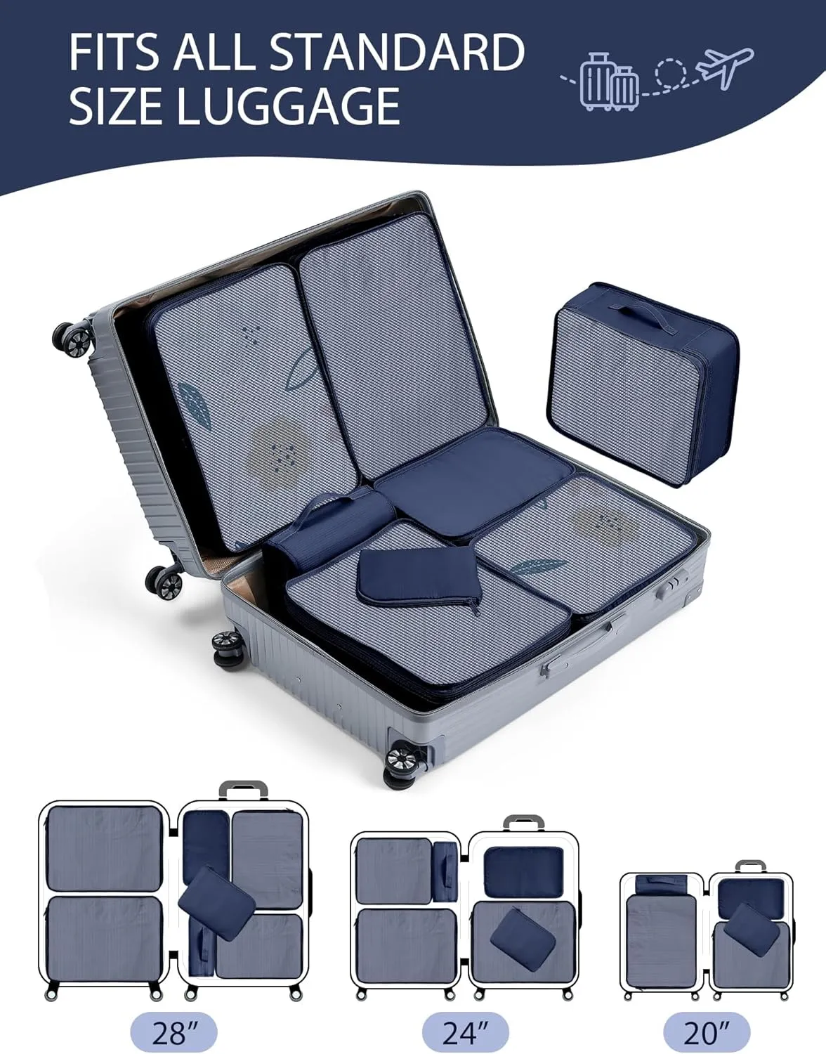 DIMJ Packing Cubes for Travel, 8 Set Luggage Packing Organizers Lightweight Suitcase Storage Bag with Multiple Sizes Travel Bag for Clothes Shoes Cosmetics Toiletries (Navy blue)