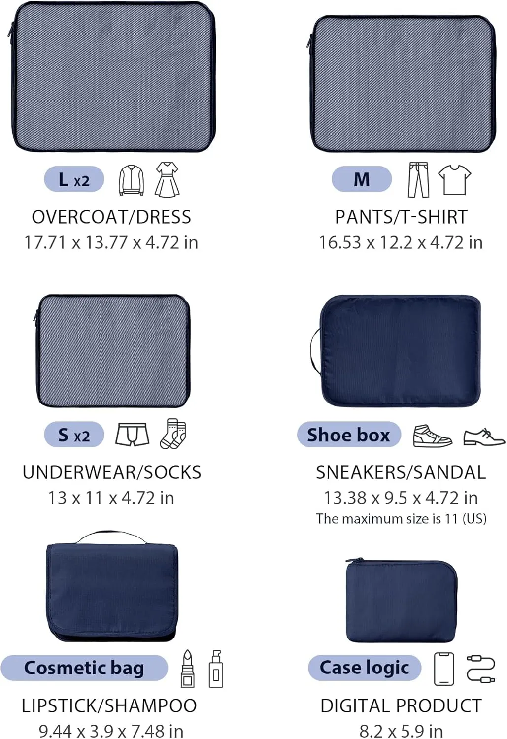 DIMJ Packing Cubes for Travel, 8 Set Luggage Packing Organizers Lightweight Suitcase Storage Bag with Multiple Sizes Travel Bag for Clothes Shoes Cosmetics Toiletries (Navy blue)