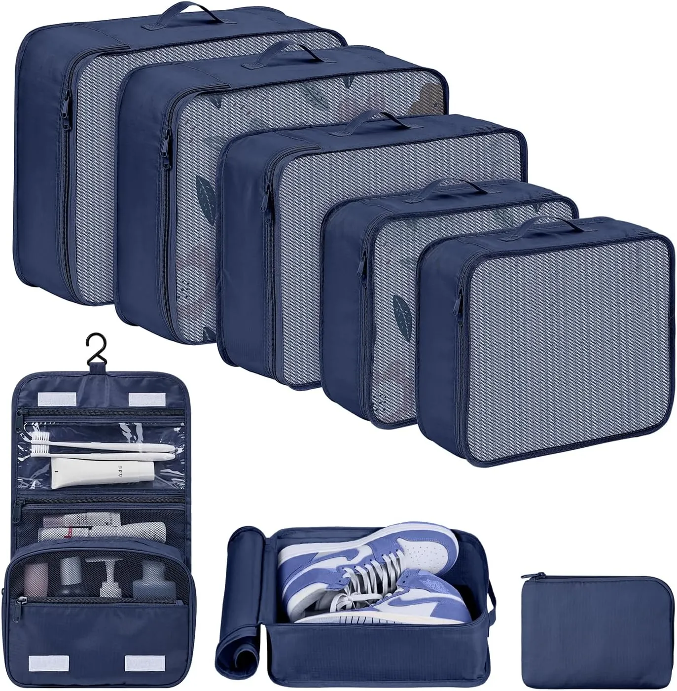 DIMJ Packing Cubes for Travel, 8 Set Luggage Packing Organizers Lightweight Suitcase Storage Bag with Multiple Sizes Travel Bag for Clothes Shoes Cosmetics Toiletries (Navy blue)