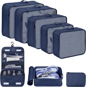 DIMJ Packing Cubes for Travel, 8 Set Luggage Packing Organizers Lightweight Suitcase Storage Bag with Multiple Sizes Travel Bag for Clothes Shoes Cosmetics Toiletries (Navy blue)