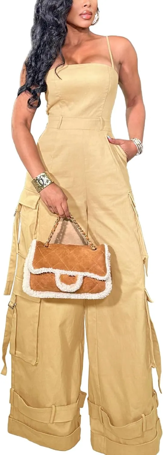 DINGANG Women's Summer Casual Spaghetti Strap Cargo Jumpsuits Sleeveless Backless Baggy Rompers Wide Leg Pants Overalls