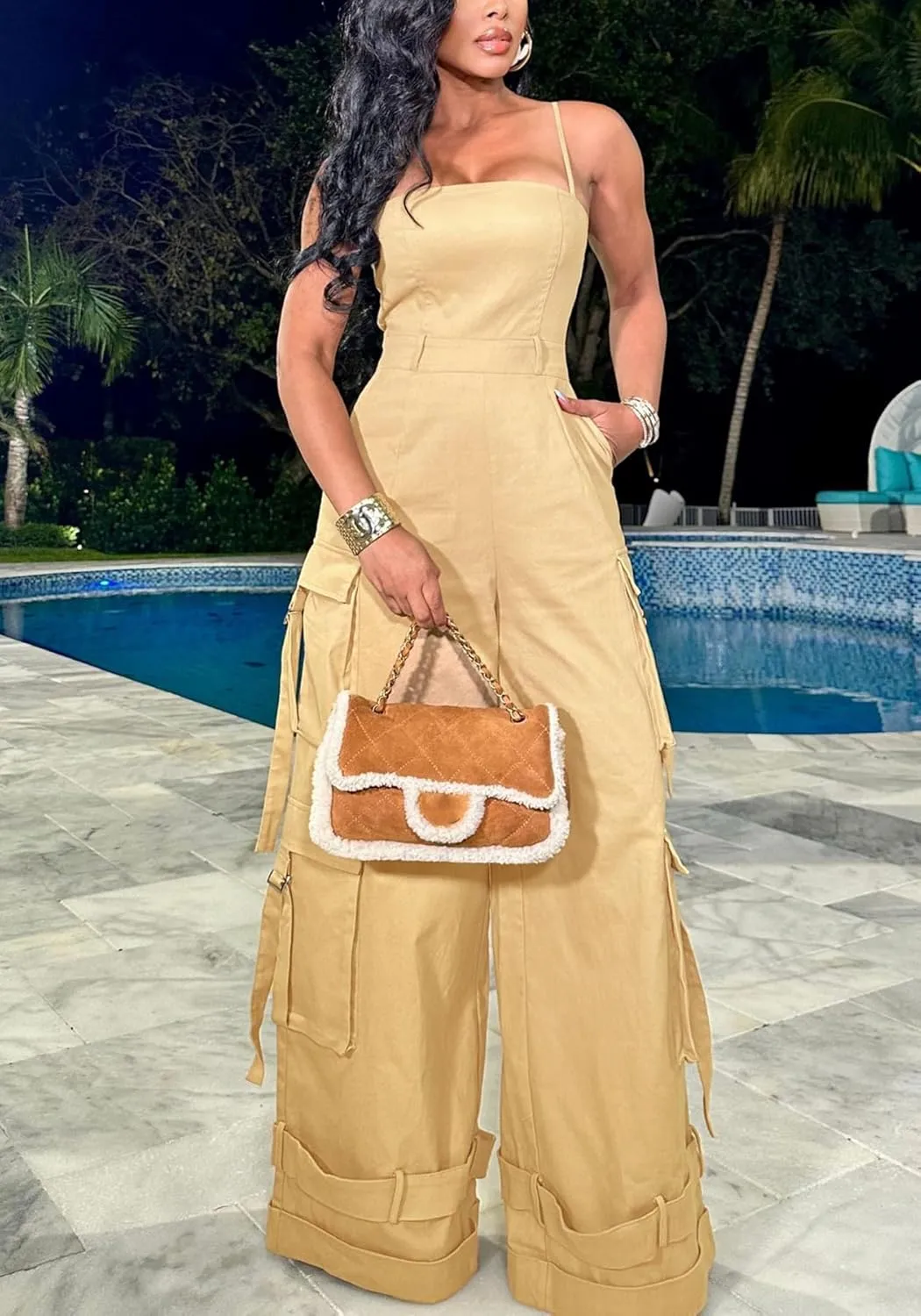 DINGANG Women's Summer Casual Spaghetti Strap Cargo Jumpsuits Sleeveless Backless Baggy Rompers Wide Leg Pants Overalls