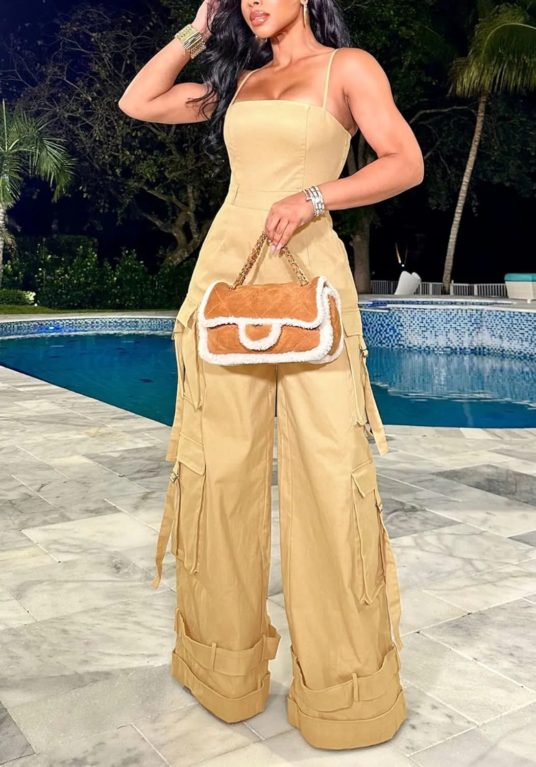 DINGANG Women's Summer Casual Spaghetti Strap Cargo Jumpsuits Sleeveless Backless Baggy Rompers Wide Leg Pants Overalls