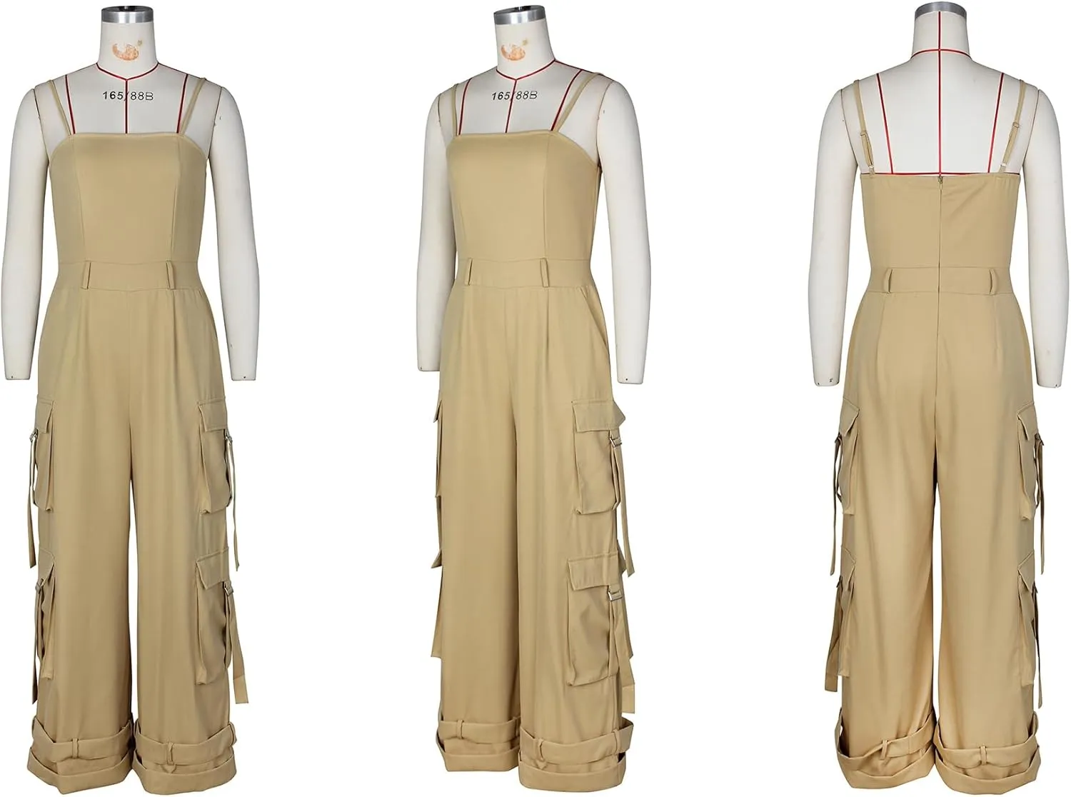 DINGANG Women's Summer Casual Spaghetti Strap Cargo Jumpsuits Sleeveless Backless Baggy Rompers Wide Leg Pants Overalls