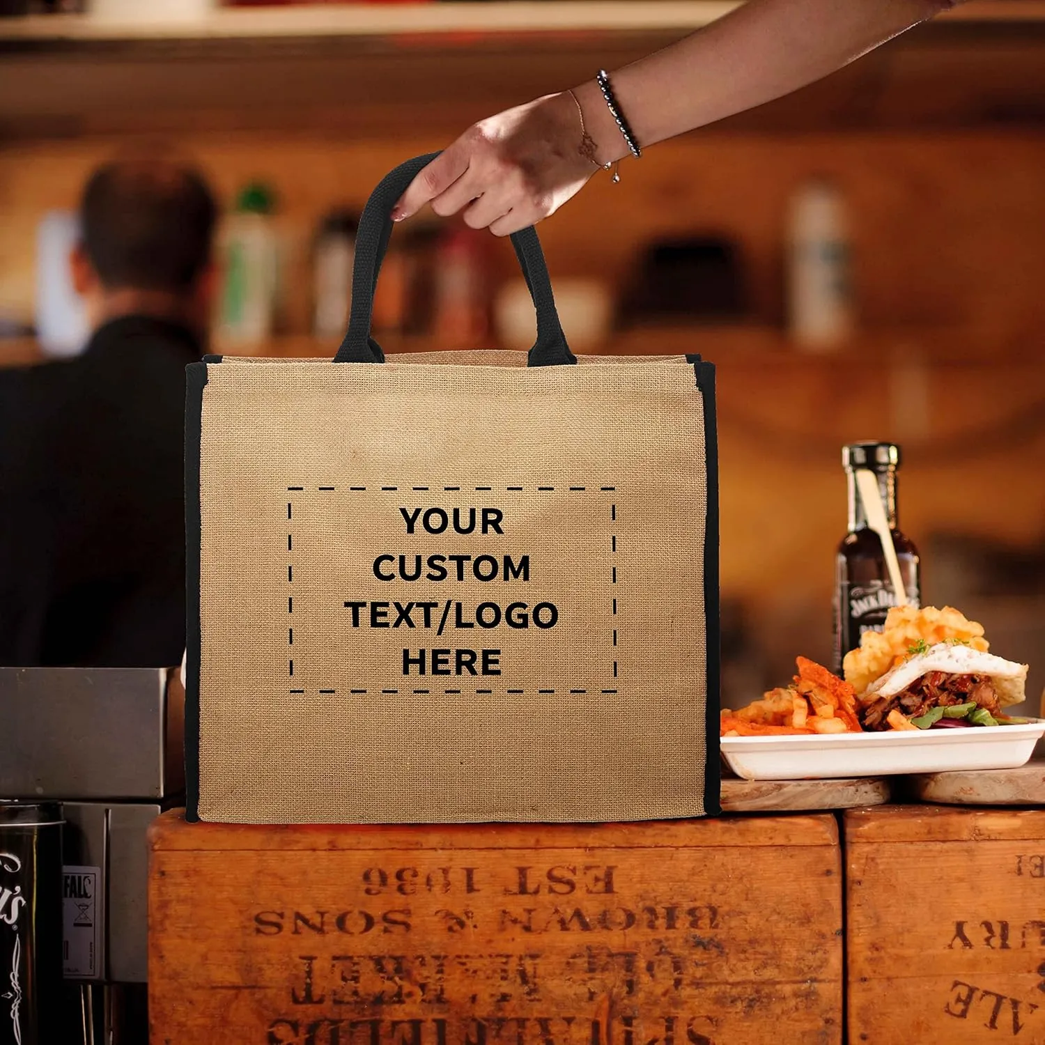 DISCOUNT PROMOS Custom Fresno Eco Friendly Jute Tote Bags Set of 10, Personalized Bulk Pack - Reusable, Great for Tradeshows, Grocery, Shopping and Outdoor Events - Black