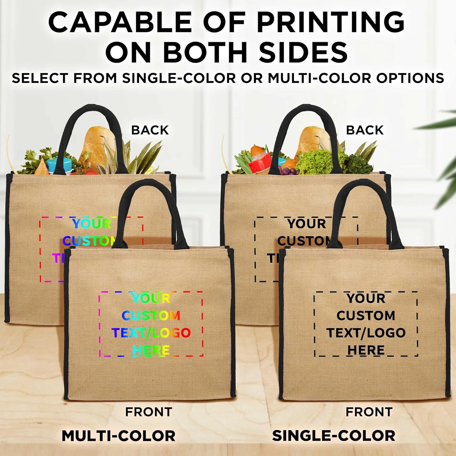 DISCOUNT PROMOS Custom Fresno Eco Friendly Jute Tote Bags Set of 10, Personalized Bulk Pack - Reusable, Great for Tradeshows, Grocery, Shopping and Outdoor Events - Black