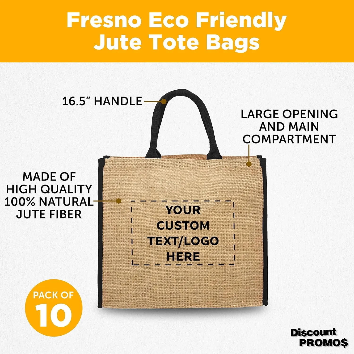 DISCOUNT PROMOS Custom Fresno Eco Friendly Jute Tote Bags Set of 10, Personalized Bulk Pack - Reusable, Great for Tradeshows, Grocery, Shopping and Outdoor Events - Black