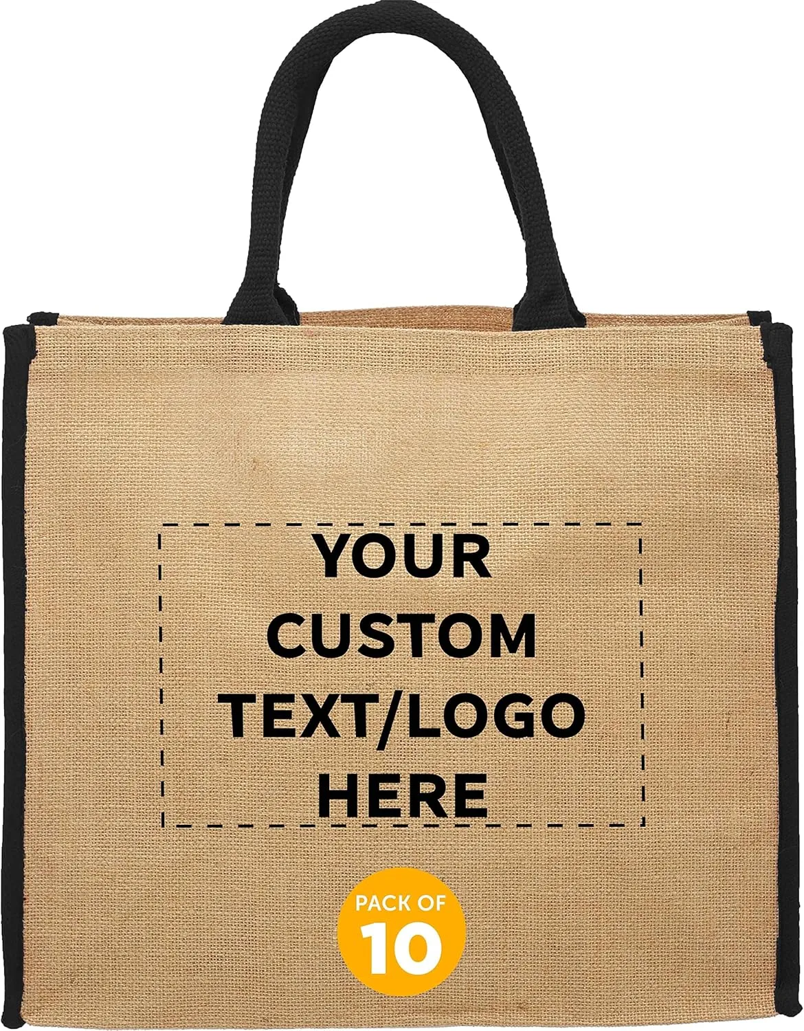 DISCOUNT PROMOS Custom Fresno Eco Friendly Jute Tote Bags Set of 10, Personalized Bulk Pack - Reusable, Great for Tradeshows, Grocery, Shopping and Outdoor Events - Black