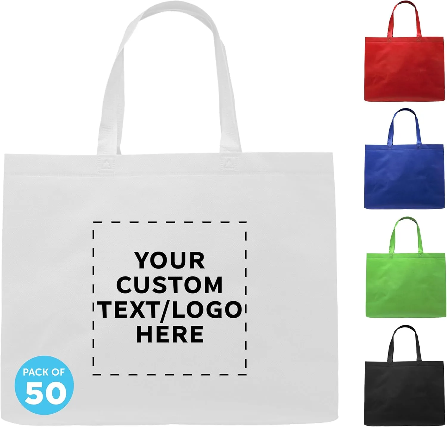 DISCOUNT PROMOS Custom Jumbo Sized Tote Bags Set of 50, Personalized Bulk Pack - Reusable Grocery Bags, Shopping Bags, Promotional Item Totes for Women - White