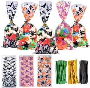 DIYASY 150 Pcs Halloween Cellophane Treat Bags, Clear Candy Bags Plastic Bats Pumpkin Bag Witch Goody Bag with 300 Twist Ties for Kids Party Favor