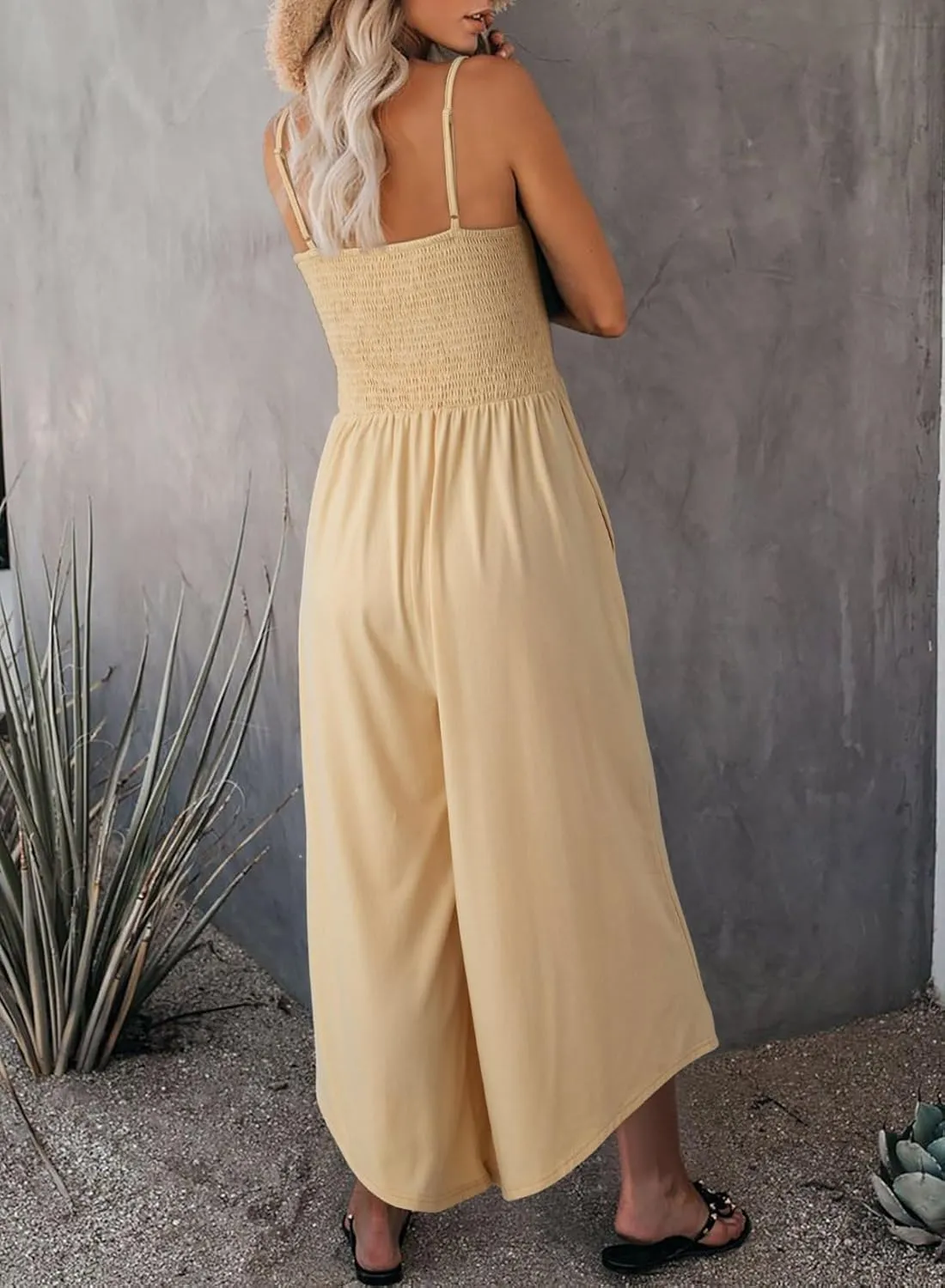 Dokotoo Womens Jumpsuits Spaghetti Straps Ruched Drawstring Knit Wide Leg Romper Casual Jumpsuits with Pockets