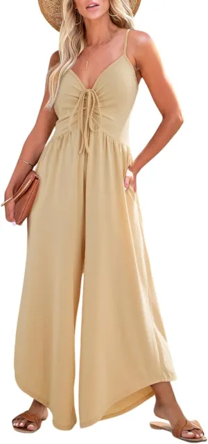 Dokotoo Womens Jumpsuits Spaghetti Straps Ruched Drawstring Knit Wide Leg Romper Casual Jumpsuits with Pockets
