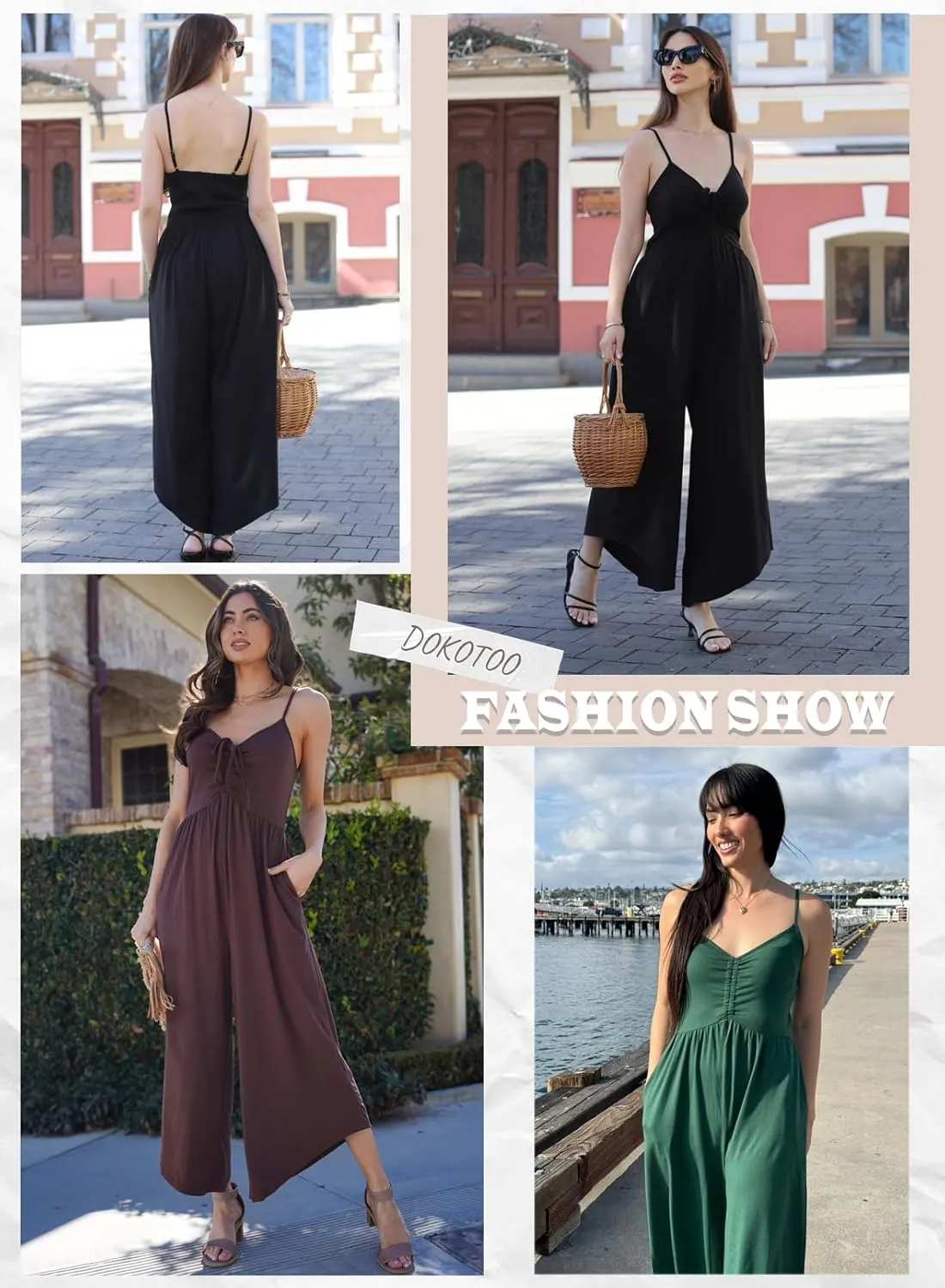 Dokotoo Womens Jumpsuits Spaghetti Straps Ruched Drawstring Knit Wide Leg Romper Casual Jumpsuits with Pockets